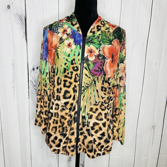 Simon Chang Floral Animal Print Over Mesh Hooded Jacket Size S Full Zip - Picture 1 of 10